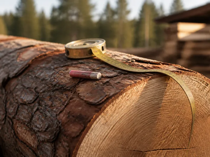 Grume avec un mètre ruban de forestier pour le cubage