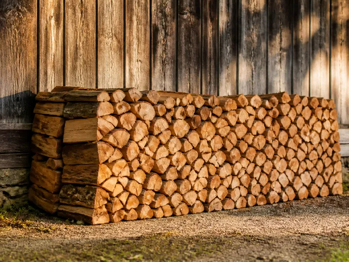 Stère de bois de chauffage empilé contre un mur de grange