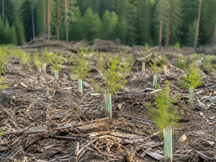 Jeunes plants forestiers protégés après plantation